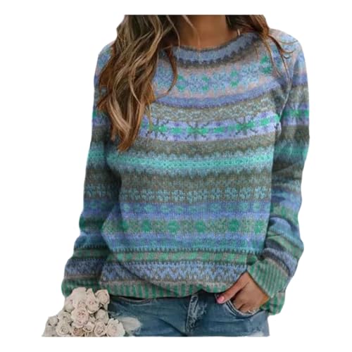 Eyhooke Damen Herbst Winter Pullover Strickpullover Rundhals Langarm Pulli Sweatshirt mit Blumenmuster Aufdruck Warmer Sweater Oberteile (DE/NL/SE/PL, Alphanumerisch, XL, Regular, Regular, Blau) von Eyhooke