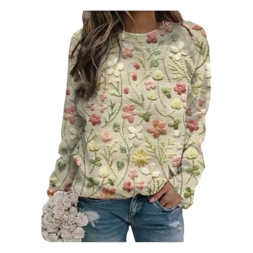 Eyhooke Damen Herbst Winter Pullover Strickpullover Rundhals Langarm Pulli Sweatshirt mit Blumenmuster Aufdruck Warmer Sweater Oberteile (DE/NL/SE/PL, Alphanumerisch, XXL, Regular, Regular, Hellgrün) von Eyhooke