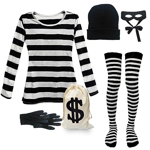 Eylola Damen Räuber Kostüm Set Cosplay Dieb Zubehör für Halloween Party Schwarz und Weiß Gestreift Knit Beanie Cap, schwarz und weiß, X-Large von Eylola