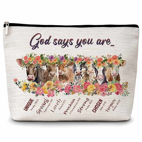 Eyouyeqi Christliche Make-up-Tasche, "God Says You Are"-Kosmetiktasche, Kuh-Make-up-Reißverschlusstasche, inspiriertes Geschenk, inspirierendes Geschenk für Frauen und Mädchen, 04, Weiss/opulenter von Eyouyeqi