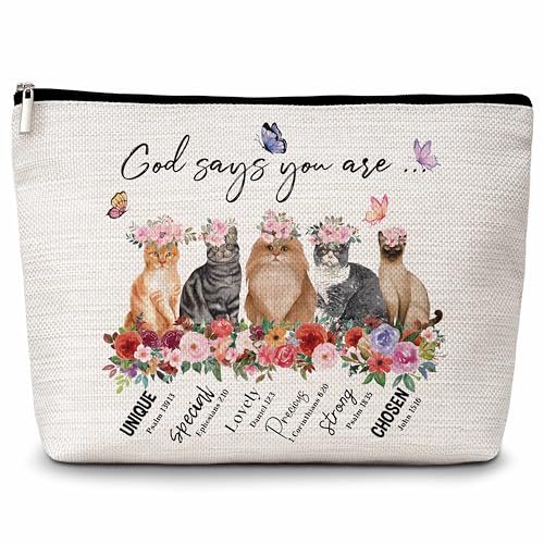 Eyouyeqi Christliche Make-up-Tasche, "God Says You Are"-Kosmetiktasche, niedliche Katze, Make-up-Tasche mit Reißverschluss, inspirierendes Geschenk, inspirierendes Geschenk für Frauen und Mädchen, 03, von Eyouyeqi