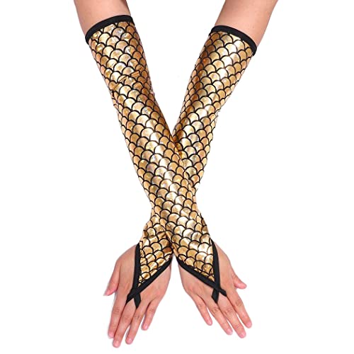 Eyret Damen Neuheit Handschuhe Metallic Fingerlose Handschuhe Fischschuppen Handschuhe Cosplay Kostüm Handschuhe für Frauen und Mädchen, B-Gold, Standard von Eyret