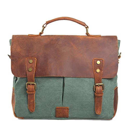 Eysee Aktentasche Herren Canvas mit Echtleder, Laptop tasche Retro Schultertasche für 14 Zoll Laptop, Grün von Eysee