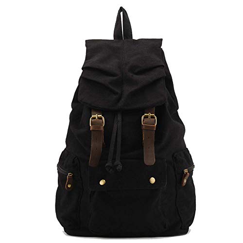 Eysee Daypack Canvas Herren-Rucksack Canvas mit Leder Groß Rucksacktasche für Outdoor Sport und Freizeit (Schwarz) von Eysee