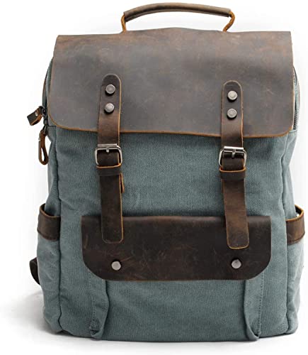 Eysee Daypack Herren Rucksack Canvas mit Leder- Vintage Rucksack Laptoprucksack für 15 Zoll Laptop Unitasche Studententasche Schultasche Reisetasche 2019 NEU (Blau) von Eysee