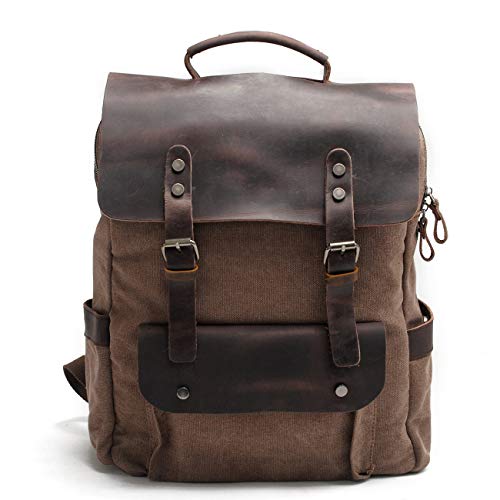 Eysee Daypack Herren Rucksack Canvas mit Leder- Vintage Rucksack Laptoprucksack für 15 Zoll Laptop Unitasche Studententasche Schultasche Reisetasche 2019 NEU von Eysee