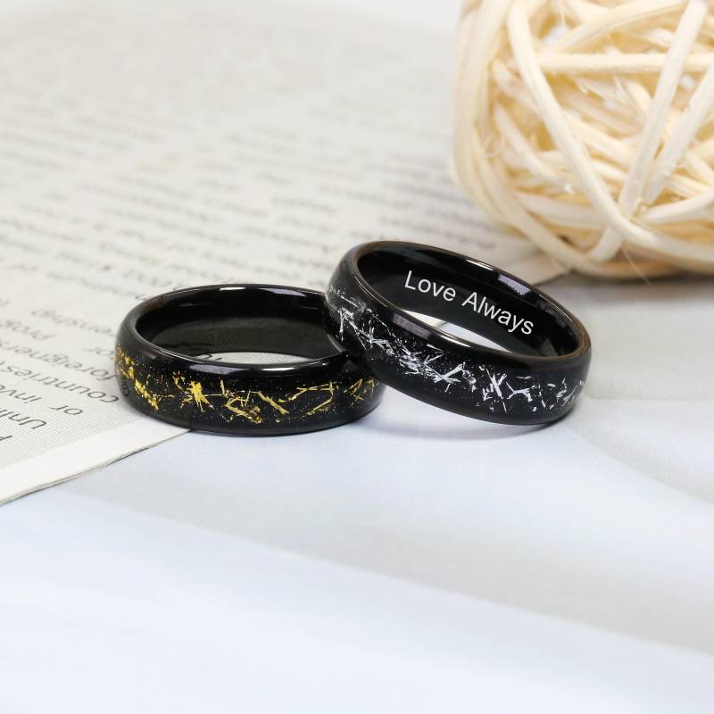 Personalized Meteorite Galaxy Ring, 6mm Gold Leaf Men Ring, Cosmic Ring For Her, Gold Foil Band, Black Tungsten Steel Ring, Promise von EzGiftables