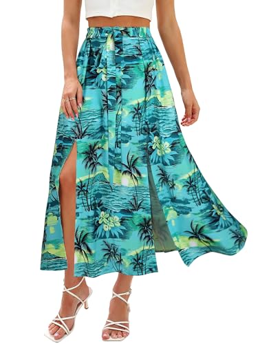 Ezcosplay Maxirock für Damen, Hawaii-Blumenschlitz, hohe elastische Taille, geteilte Oberschenkel, lange Röcke mit Taschen, Blaugrün/Ein Hauch von Paradies (Trace of Paradise), Groß von Ezcosplay