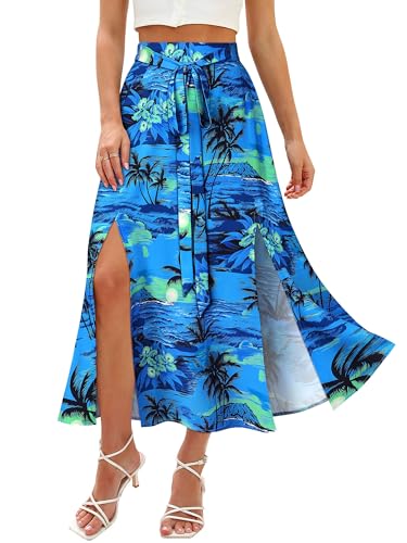 Ezcosplay Maxirock für Damen, Hawaii-Blumenschlitz, hohe elastische Taille, geteilte Oberschenkel, lange Röcke mit Taschen, Seeblau, Groß Ezcosplay Maxirock für Damen, Hawaii-Blumenschlitz, hohe elastische Taille, geteilte Oberschenkel, lange Röcke mit Taschen, Seeblau, Groß von Ezcosplay