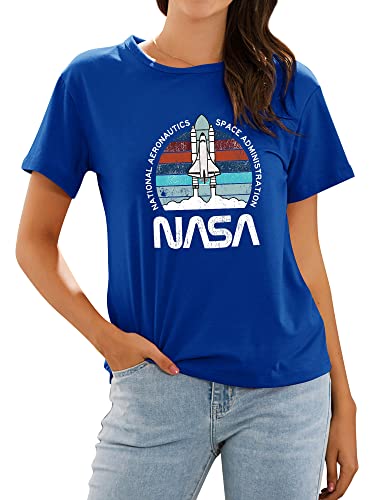 Niedliches NASA-Shirt für Damen, Vintage-Stil, Weltraum-Shuttle, grafisches T-Shirt, kurzärmeliges T-Shirt, B3-blau, Mittel von Ezcosplay