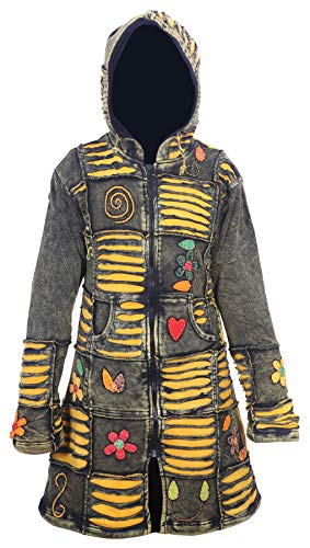 Ezhippie Damen Gelb Blumen- und Rasiermesser geschnittene Säure waschen langen Mantel, XL von Ezhippie