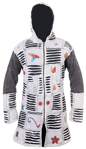 Ezhippie Geschlitzter Patchwork Baumwolle Reißverschluss Kapuzenpullover für Damen, Knielanger Hippie Langer Mantel, XL von Ezhippie