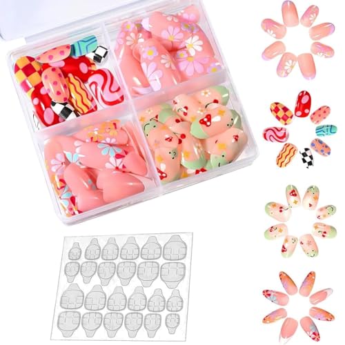 96 Stück gefälschte Nägel, Drücken Sie auf Nägel Kurzes niedliches Muster | Voll Abdeckung gefälschte Kits Stick auf Mädchen Kinder Design Dekoration mit Gelee Kleber von Ezranova
