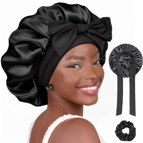 Verstellbare Schlafhaube aus Seide und Satin, Schlafhaube für Damen, Satinhaube für lockiges Haar, Zöpfe – weicher Haarschutz mit Bindeband, Damen-Schlafmütze, Zubehör (schwarz) von Ezranova