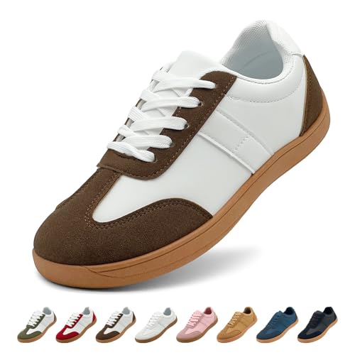 Ezrnoxc Damen Barfußschuhe Casual Breite Zehenbox Soft Zero Drop Minimalistische rutschfeste Bequeme Weite Walking Sneakers, Weiß-brwon, 38.5 EU Weit von Ezrnoxc