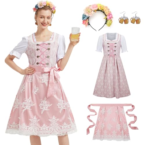Ezuwail 5-Teilig Dirndl für Damen Günstig Damen Grosse Grössen Lang, Dirndl-komplettsets Billig, Oktoberfest Dirndelkleider Aus Bluse, Kleid, Schürze, Blumengirlande von Ezuwail