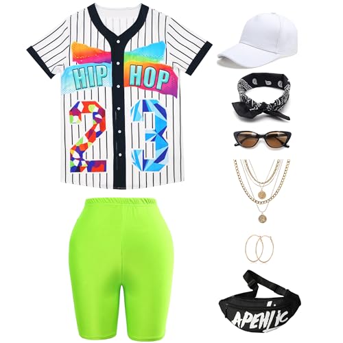 Ezuwail 80er 90er Jahre Outfit Damen Kostüm 80er Jahre Hip Hop Hemd Leggings Tasche Sonnenbrillen Accessoires 90er Trainingsanzug Karneval (Weiß, 3XL) von Ezuwail