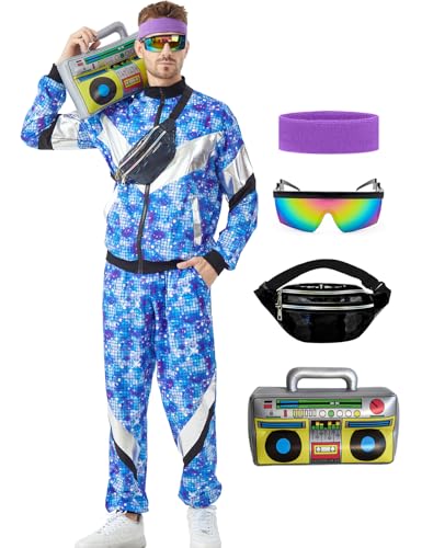 Ezuwail 80er 90er Jahre Outfit Herren Damen, 80s 90s Kostüm Retro Trainingsanzug Jogging Tracksuit Disco Anzug Sportanzug Hip Hop Outfit for Karneval Fasching (Blau) von Ezuwail