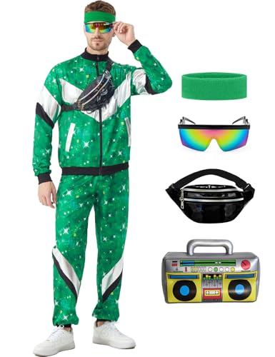 Ezuwail 80er 90er Jahre Outfit Herren Damen, Unisex 80s 90s Kostüm Retro Trainingsanzug Jogging Tracksuit Disco Anzug Sportbekleidung Faschingskostüme for Karneval Mottoparty (Grün) von Ezuwail