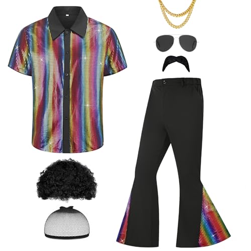 Ezuwail Herren 70er Jahre Disco Outfit Kostüm Kurzarmhemden Schlaghosen Perücken Halskette Schnurrbart Sonnenbrille 6Pcs von Ezuwail