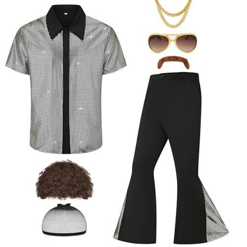 Ezuwail Herren 70er Jahre Disco Outfit Kostüm Kurzarmhemden Schlaghosen Perücken Halskette Schnurrbart Sonnenbrille 6Pcs von Ezuwail