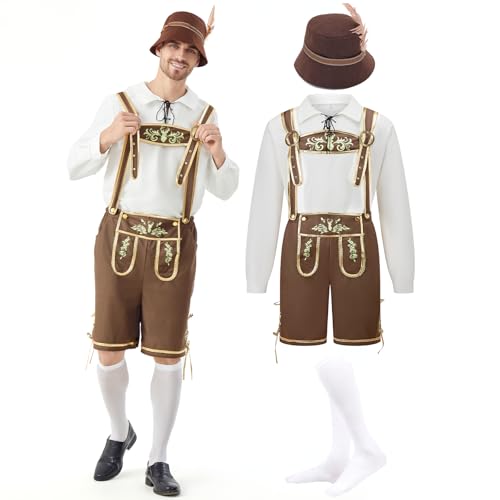 Ezuwail Herren Oktoberfest Kostüm Outfit Männliche Bayerisches Kostüm Set Lederhosen Trachtenhose Outfit, Erwachsene Halloween-Kostümen für Bierfest, Volksfest, Karneval von Ezuwail