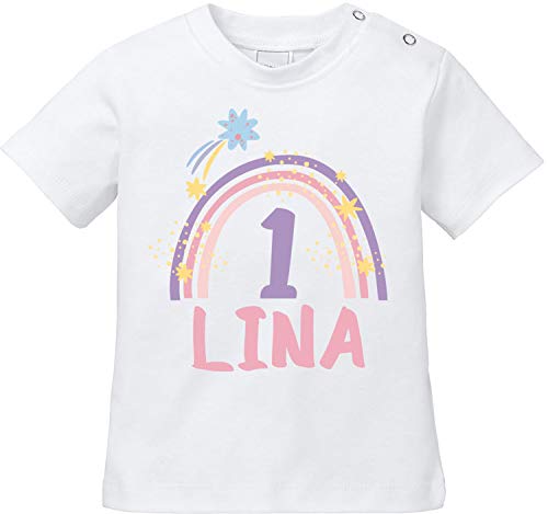 EZYshirt® 1. Geburtstag niedlicher Regenbogen mit Wunschname Tshirt Baby Mädchen Bio Baumwolle von Ezyshirt
