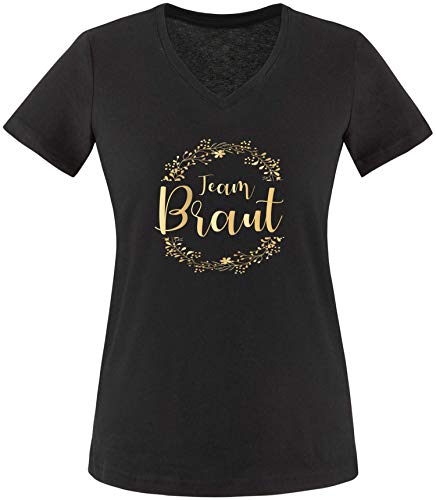 EZYshirt® Junggesellinnenabschied JGA Braut & Team Braut Goldener Blumenkranz T-Shirt Damen V-Neck von Ezyshirt