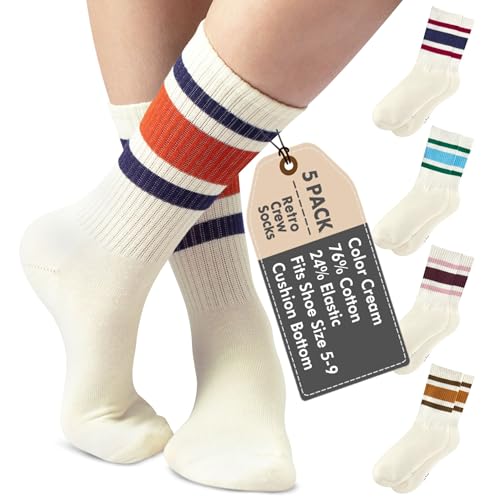 F|B Gestreifte Retro-Socken für Damen, 5 dreifach gestreifte Socken mit gepolsterter Sohle, niedliche Damensocken, Cremeweiß, 5-9 F|B Gestreifte Retro-Socken für Damen, 5 dreifach gestreifte Socken mit gepolsterter Sohle, niedliche Damensocken, Cremeweiß, 5-9 von F|B
