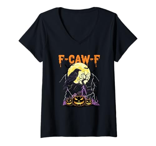 Damen Lustiger Rabe Halloween Mond Kürbis Gruselbaum T-Shirt mit V-Ausschnitt Damen Lustiger Rabe Halloween Mond Kürbis Gruselbaum T-Shirt mit V-Ausschnitt von F-CAW-F Crow Design Moon Spooky Bats Lightning