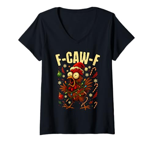 Damen Lustige F-CAW-F Weihnachtsmannmütze mit Huhn-Motiv, F-CAW- T-Shirt mit V-Ausschnitt Damen Lustige F-CAW-F Weihnachtsmannmütze mit Huhn-Motiv, F-CAW- T-Shirt mit V-Ausschnitt von F-CAW-F Funny Christmas Chicken Rooster Xmas Humor