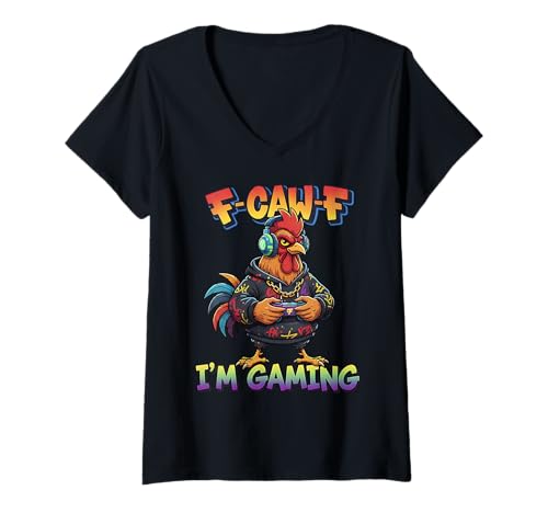 Damen F-Caw-F Rooster Meme Lustiges Gamer Chicken FCAWF Ich Spiele T-Shirt mit V-Ausschnitt Damen F-Caw-F Rooster Meme Lustiges Gamer Chicken FCAWF Ich Spiele T-Shirt mit V-Ausschnitt von F-CAW-F Gamer Humor Rooster Funny Chicken Meme