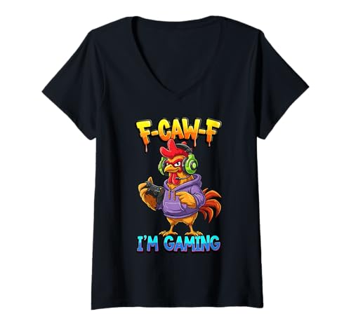 Damen FCAWF Rooster Meme Lustiger Hühnerspieler F-CAW-F Ich Spiele T-Shirt mit V-Ausschnitt Damen FCAWF Rooster Meme Lustiger Hühnerspieler F-CAW-F Ich Spiele T-Shirt mit V-Ausschnitt von F-CAW-F Gamer Humor Rooster Funny Chicken Meme