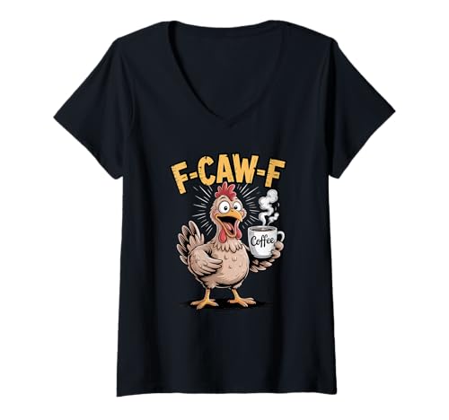 Damen F-CAW-F Lustiges Huhn Kaffee Coffee Humor witzig T-Shirt mit V-Ausschnitt Damen F-CAW-F Lustiges Huhn Kaffee Coffee Humor witzig T-Shirt mit V-Ausschnitt von F-CAW-F Huhn lustig crazy coffee chicken