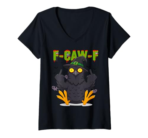 Damen F-CAW-F Krähe Halloween Gruseliger Rabe Erwachsener Humor T-Shirt mit V-Ausschnitt Damen F-CAW-F Krähe Halloween Gruseliger Rabe Erwachsener Humor T-Shirt mit V-Ausschnitt von F-CAW-F Spooky Raven Humor