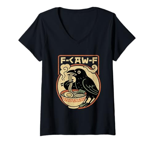Damen F-Caw-F Anime Crow Ramen Lustiger Schwarzer Vogel Japanische Herren Damen T-Shirt mit V-Ausschnitt Damen F-Caw-F Anime Crow Ramen Lustiger Schwarzer Vogel Japanische Herren Damen T-Shirt mit V-Ausschnitt von F Caw Caw F Crow Merch Store