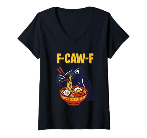Damen F Caw F Crow Eating Ramen F-Caw-F Schwarzer Vogel Rabe Japan T-Shirt mit V-Ausschnitt Damen F Caw F Crow Eating Ramen F-Caw-F Schwarzer Vogel Rabe Japan T-Shirt mit V-Ausschnitt von F Caw Caw F Crow Merch Store