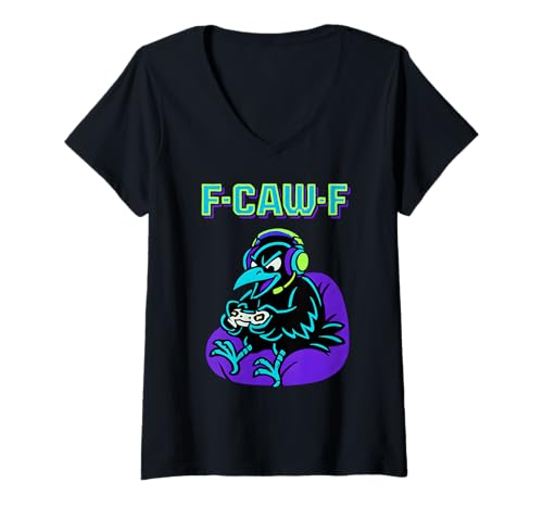 Damen Gamer F Caw F Crow F-Caw-F Black Bird Raven Herren Teenager Junge T-Shirt mit V-Ausschnitt von F Caw Caw F Crow Merch Store
