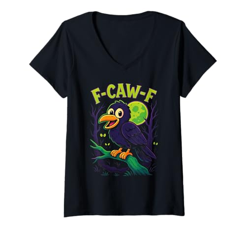 Damen F-Caw-F Black Crow Bird Vintage Moon Goth Halloween F-Caw-F T-Shirt mit V-Ausschnitt von F-Caw-F Black Bird Crow Fun Halloween Gothic Moon
