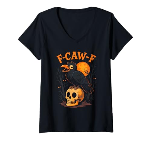 Damen F-Caw-F Black Crow Bird Vintage Moon Goth Halloween F-Caw-F T-Shirt mit V-Ausschnitt von F-Caw-F Black Bird Crow Fun Halloween Gothic Moon