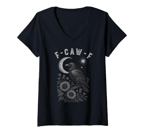 Damen F-Caw-F Black Crow Bird Retro Vintage Gothic Moon F-Caw-F T-Shirt mit V-Ausschnitt Damen F-Caw-F Black Crow Bird Retro Vintage Gothic Moon F-Caw-F T-Shirt mit V-Ausschnitt von F-Caw-F Black Bird Crow Funny Gothic Moon Crow