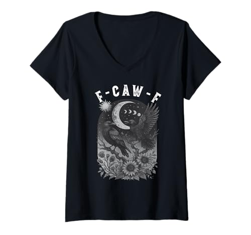 Damen F-Caw-F Black Crow Bird Retro Vintage Gothic Moon F-Caw-F T-Shirt mit V-Ausschnitt Damen F-Caw-F Black Crow Bird Retro Vintage Gothic Moon F-Caw-F T-Shirt mit V-Ausschnitt von F-Caw-F Black Bird Crow Funny Gothic Moon Crow