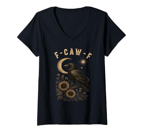 Damen F-Caw-F Black Crow Bird Retro Vintage Gothic Moon F-Caw-F T-Shirt mit V-Ausschnitt Damen F-Caw-F Black Crow Bird Retro Vintage Gothic Moon F-Caw-F T-Shirt mit V-Ausschnitt von F-Caw-F Black Bird Crow Funny Gothic Moon Crow