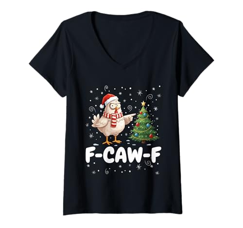 Damen F-Caw-F Huhn Weihnachten Santa Hut Christbaum Lustig T-Shirt mit V-Ausschnitt von F-Caw-F Christmas Chicken Humor