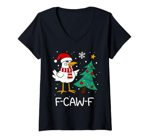 Damen F-Caw-F Huhn Weihnachten Santa Hut Christbaum Lustig T-Shirt mit V-Ausschnitt von F-Caw-F Christmas Chicken Humor
