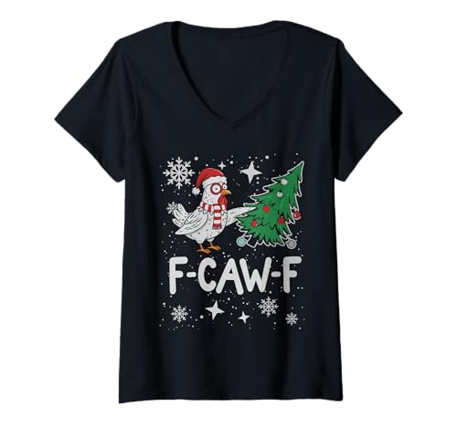 Damen F-Caw-F Huhn Weihnachten Santa Hut Christbaum Lustig T-Shirt mit V-Ausschnitt von F-Caw-F Christmas Chicken Humor
