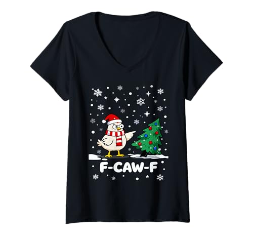 Damen F-Caw-F Huhn Weihnachten Santa Hut Christbaum Lustig T-Shirt mit V-Ausschnitt von F-Caw-F Christmas Chicken Humor