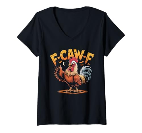 Damen F-Caw-F Lustiges Huhn Halloween Hahn-Meme T-Shirt mit V-Ausschnitt Damen F-Caw-F Lustiges Huhn Halloween Hahn-Meme T-Shirt mit V-Ausschnitt von F-Caw-F Edgy Goth Raven Rooster Chicken FCAWF