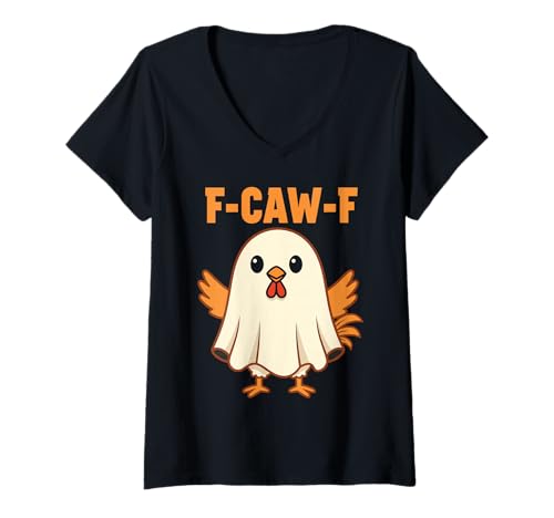 Damen F-CAW-F Hühner Meme Lustiges Hahn Geist Halloween T-Shirt mit V-Ausschnitt Damen F-CAW-F Hühner Meme Lustiges Hahn Geist Halloween T-Shirt mit V-Ausschnitt von F Caw F Funny Chicken Rooster Men Women Outfit