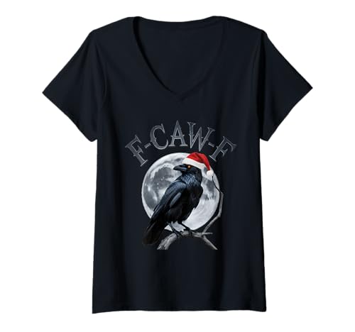 Damen Lustige Krähe F-CAW-F Black Bird Gothic Christmas Santa Hut T-Shirt mit V-Ausschnitt von F Caw F Funny Crow Meme Black Bird Humor Sarcasm